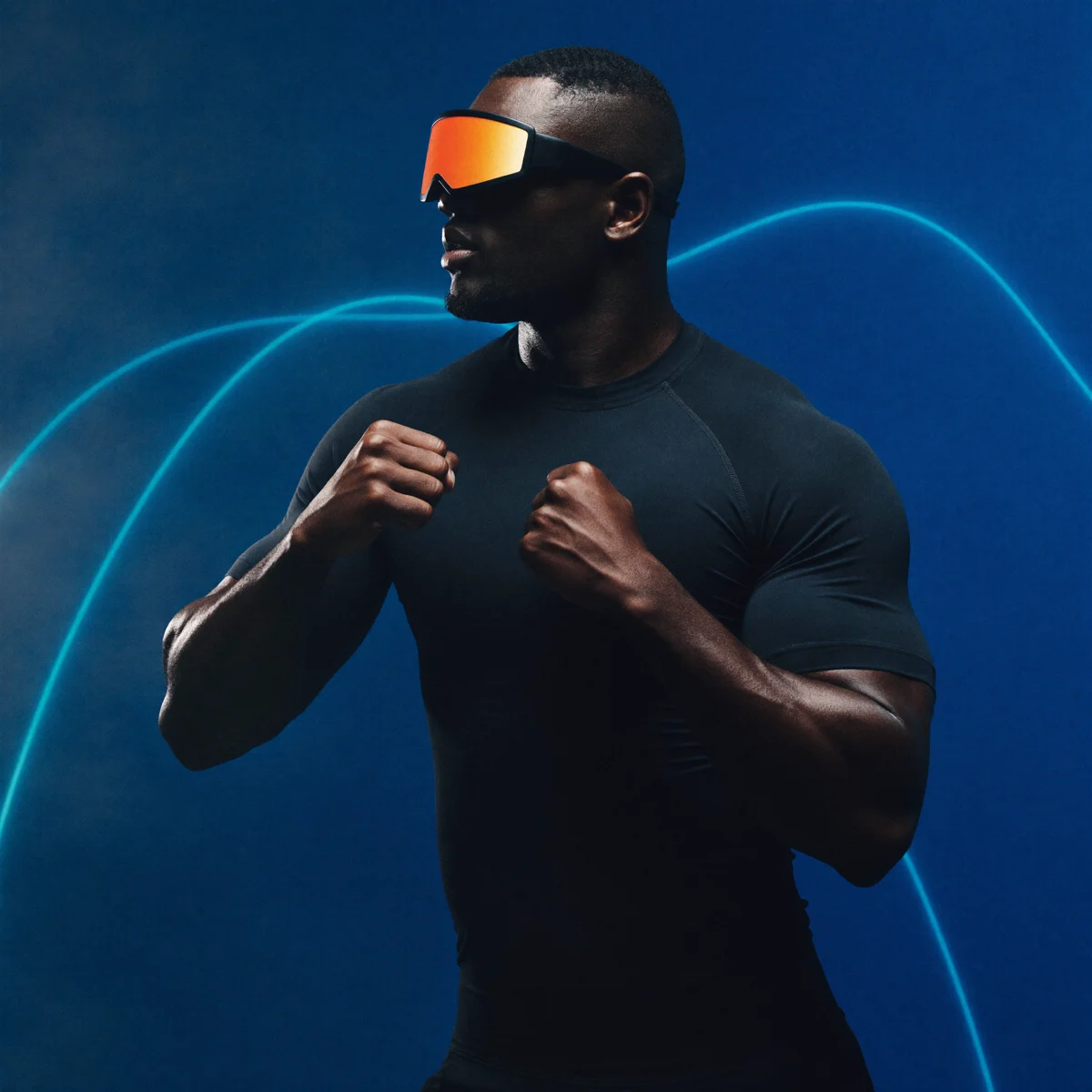Athlete in an orange visor with cyan light trails