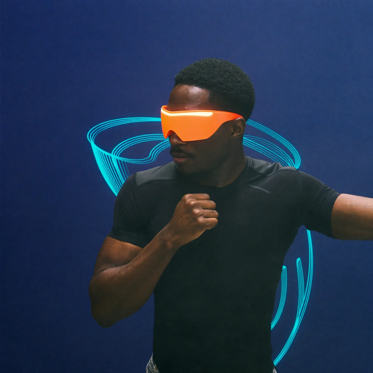 Athlete mid-strike under neon arena lights